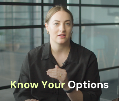 woman in black shirt with text 'Know Your Options'