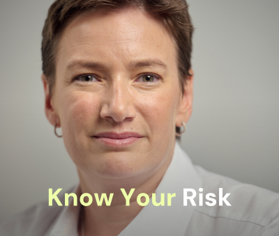 woman softly smiling with text 'know your risk'